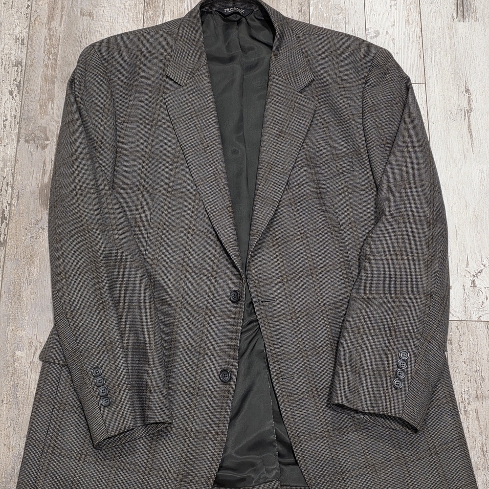 44R Men's Jos. A. Banks Blazer Light Brown Windowpane 100% Wool Sport Coat